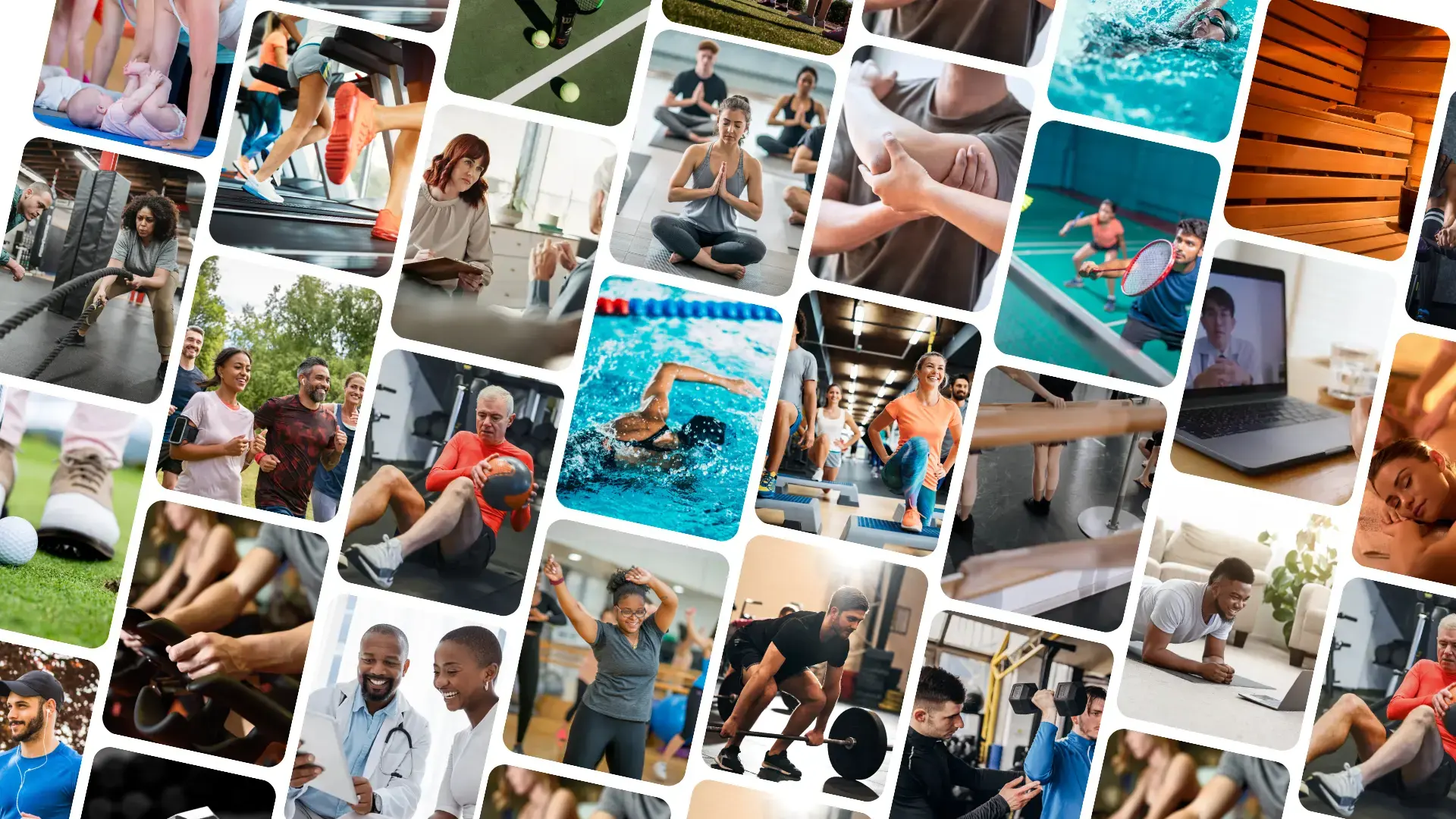 A collage featuring various people engaged in different gym activities thanks to their discounted gym memberships through GymFlex.