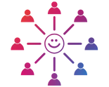 Smiley face icon with people all around it to represent how employee wellbeing benefits can help boost employee engagement.