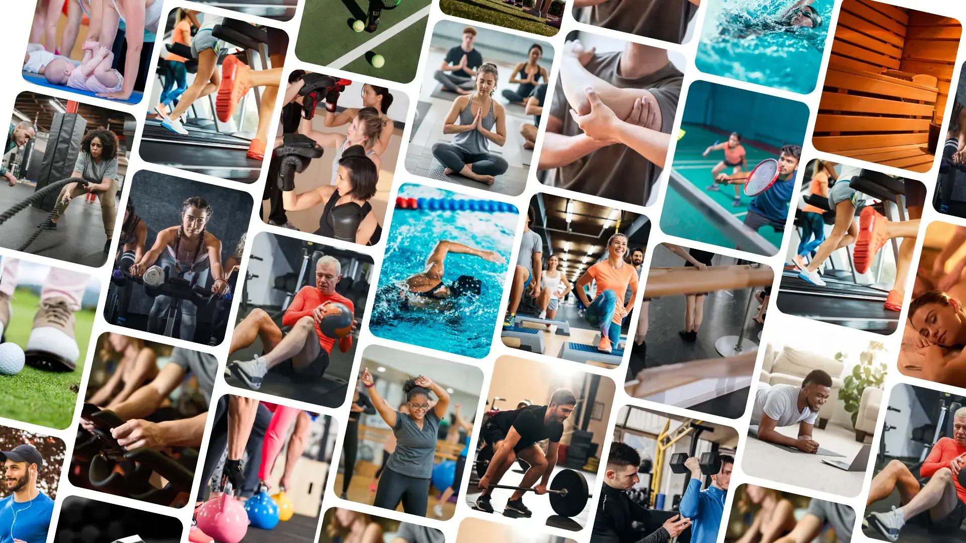 A collage featuring various people engaged in different gym activities thanks to their discounted gym memberships through MyGymDiscounts.