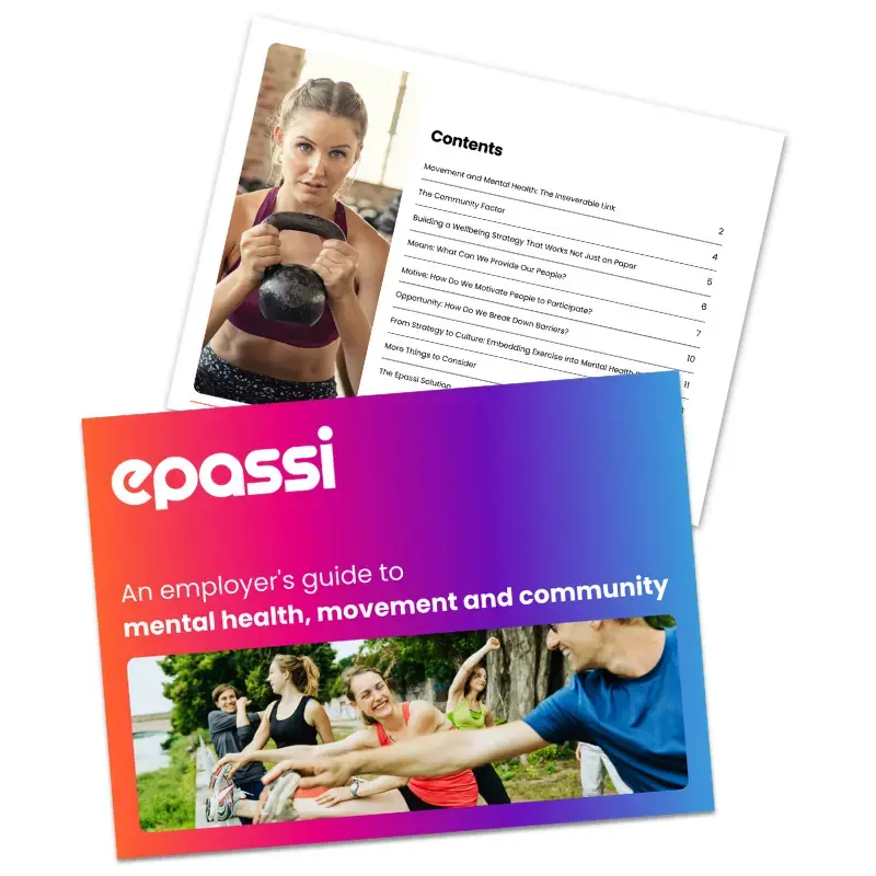 Two pages of a guide are shown. The cover reads epassi: An employers guide to mental health, movement and community with people exercising outdoors. The other page shows a table of contents and a woman lifting a kettlebell.
